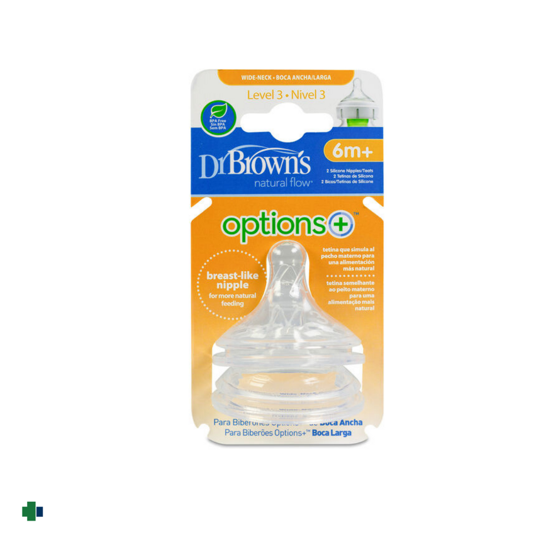 DR. BROWN´S TETINA SILICONA BOCA ANCHA OPTION+ NIVEL 3 -6MESES+ 2 UNIDADES